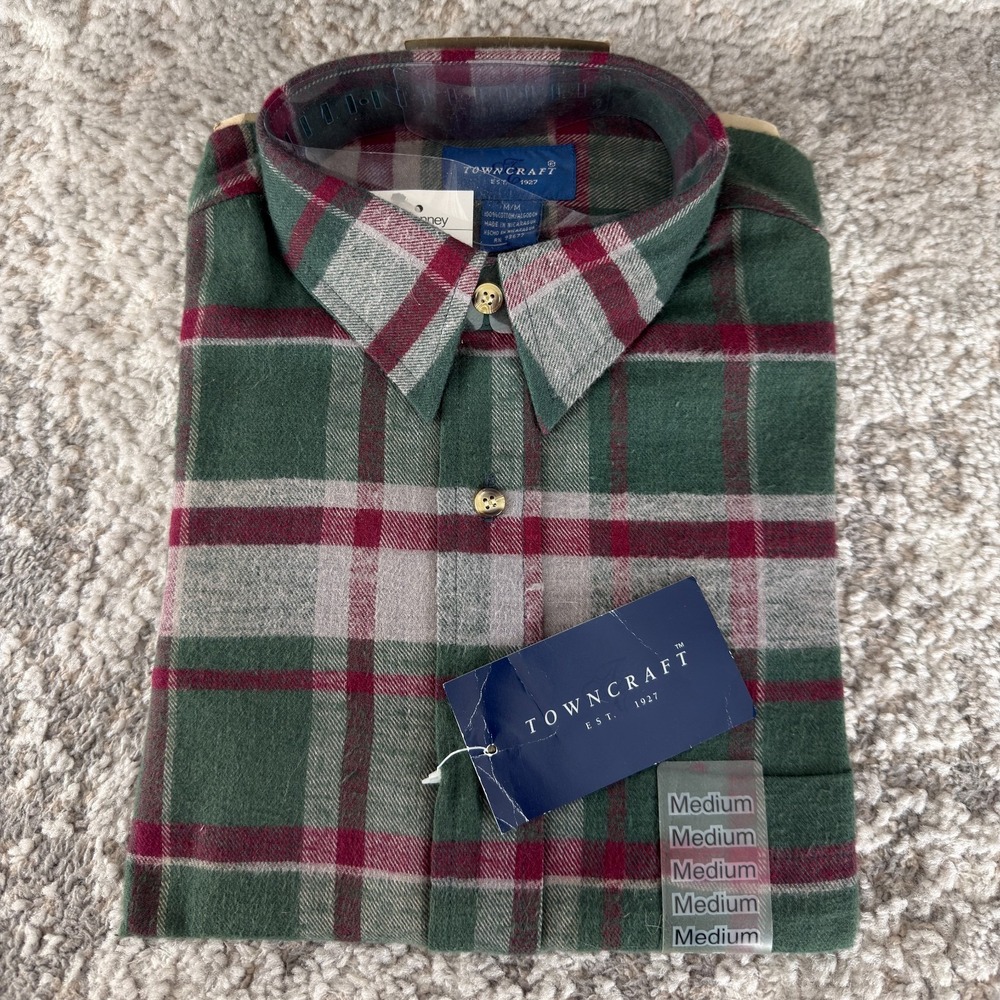 NEW TownCraft Size M Plaid Casual Button Shirt Collar Cotton Green Red